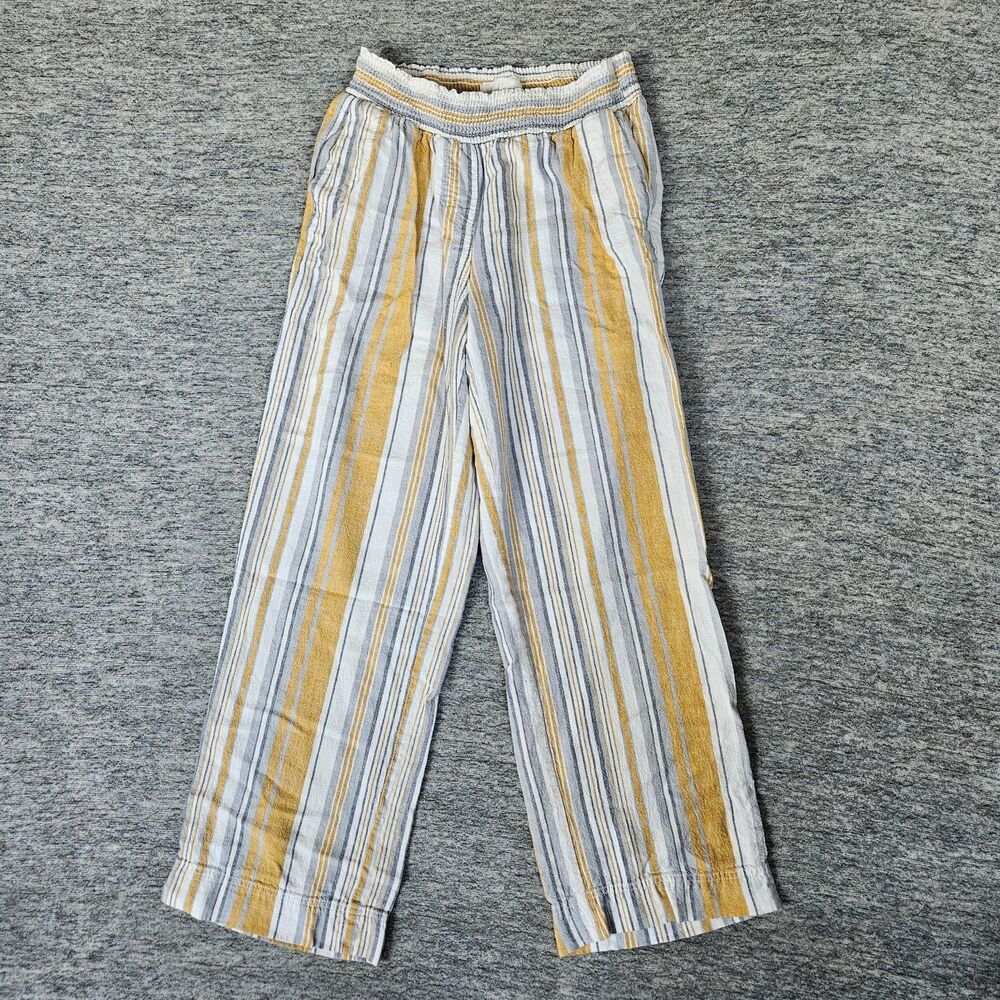 Land n Sea Pants Size Small Wide Leg Anke Linen Blend White Gold Stripe Beach